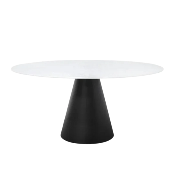 Mesa de comedor redonda con sobre blanco y base cónica negra