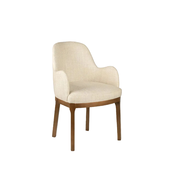 Silla tapizada beige con respaldo curvo, brazos y patas de madera