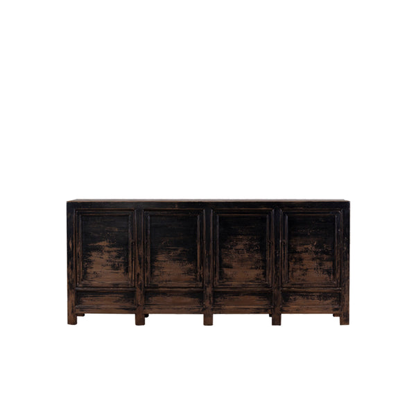 Aparador de madera oscuro con 4 puertas y patas, acabado envejecido.