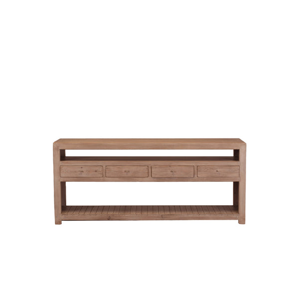 Consola de madera maciza con cuatro cajones y repisa abierta central