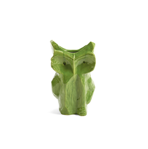 Jarrón de cerámica con figura de búho verde, acabado esmaltado y forma alargada