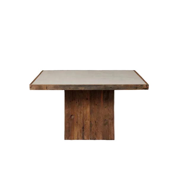 Mesa de comedor cuadrada de madera y mármol: tapa clara sobre base de madera