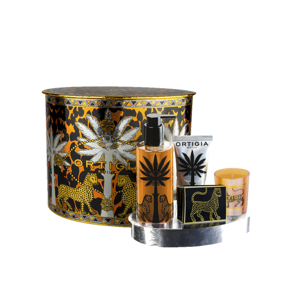 Set de regalo Ortigia Ambra negra con lata decorativa y velas