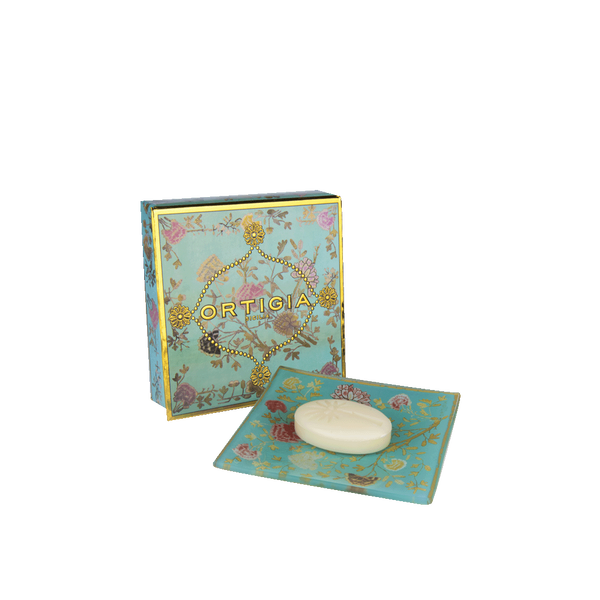 Plato decorativo con jabón Ortigia: caja turquesa floral y jabón blanco