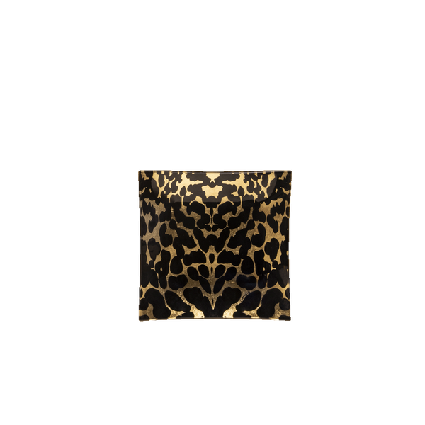 Plato de cristal Leopardo Ortigia con patrón de leopardo dorado y negro