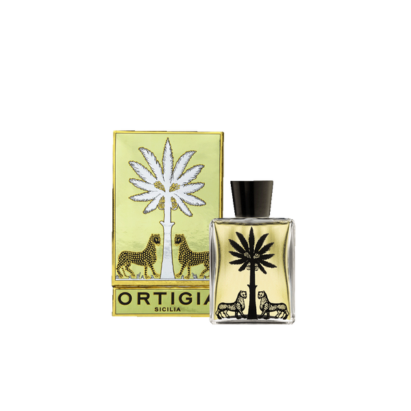 Aceite corporal Ortigia en botella de vidrio con tapa negra y diseño siciliano