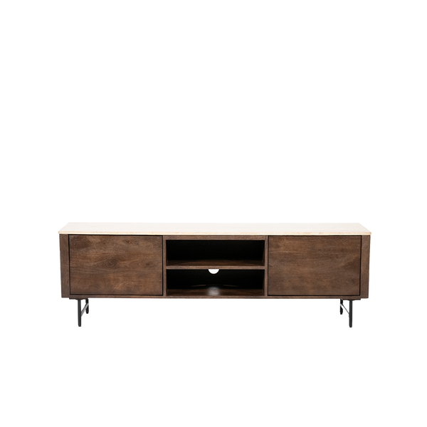 Mueble TV de madera con dos puertas laterales y un compartimento central abierto
