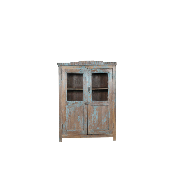 Vitrina de madera azul decapada con 2 puertas y estantes interiores