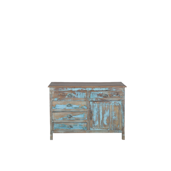 Aparador de madera turquesa con 4 cajones y 2 puertas, tiradores metálicos.