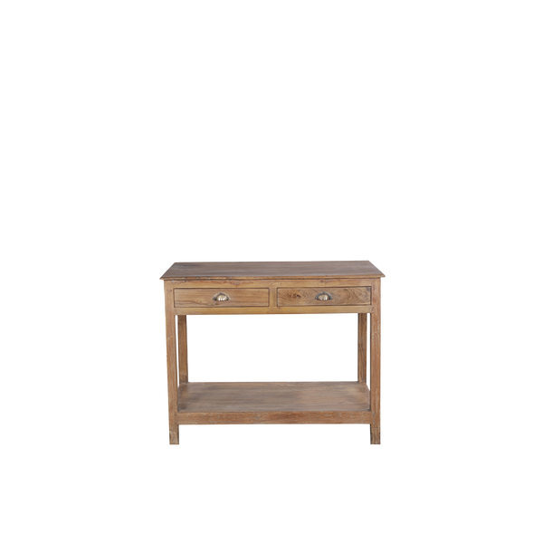 Consola de madera maciza con dos cajones y repisa inferior, acabado marrón