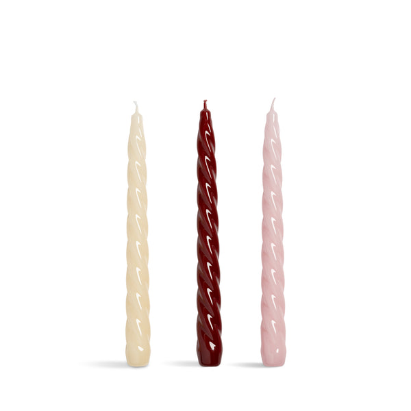 Set de 3 velas en espiral: marfil, rojo y rosa, estilo candelabro