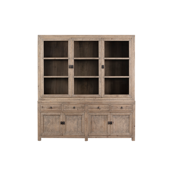 Vitrina de madera clara Heritage con vitrinas de vidrio y cajones inferiores