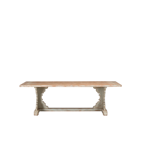 Mesa de comedor Heritage de madera con tablero rectangular y patas blancas envejecidas