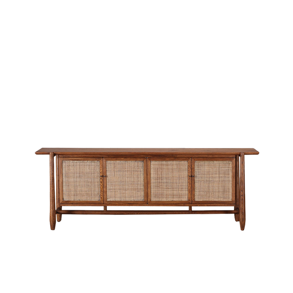 Aparador de madera con 4 puertas de rafia y herrajes negros
