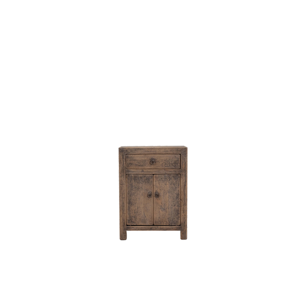 Mesita de noche de madera con 1 cajón y 2 puertas, acabado envejecido