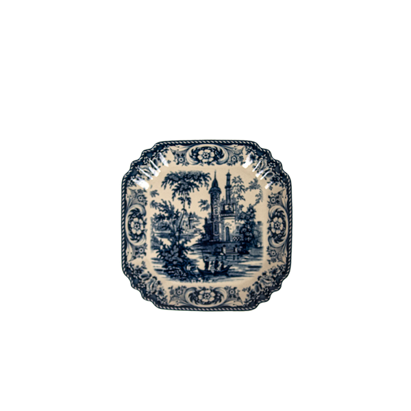 Fuente de ensalada Estelle Blue de cerámica azul y blanca, forma cuadrada con borde ondulado