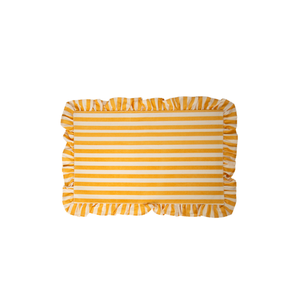 Individual de mesa rectangular de rayas horizontales amarillas y blancas, con volante