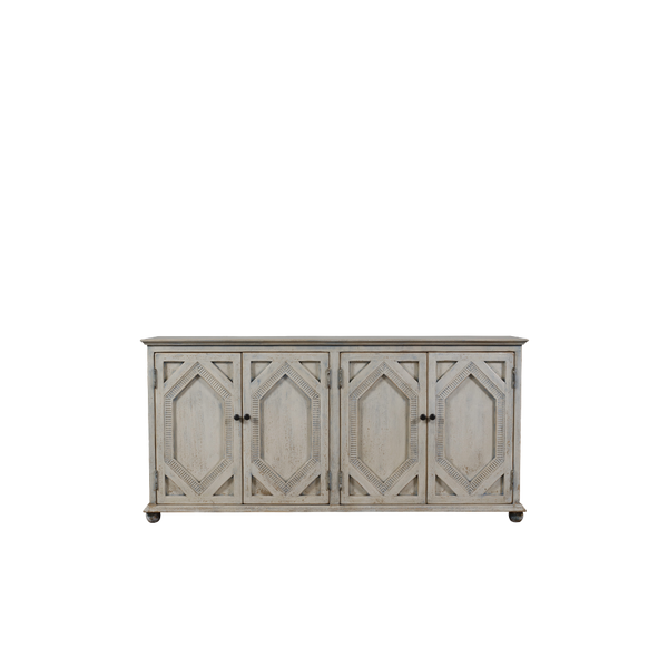 Aparador de madera blanco con 4 puertas decoradas en relieve