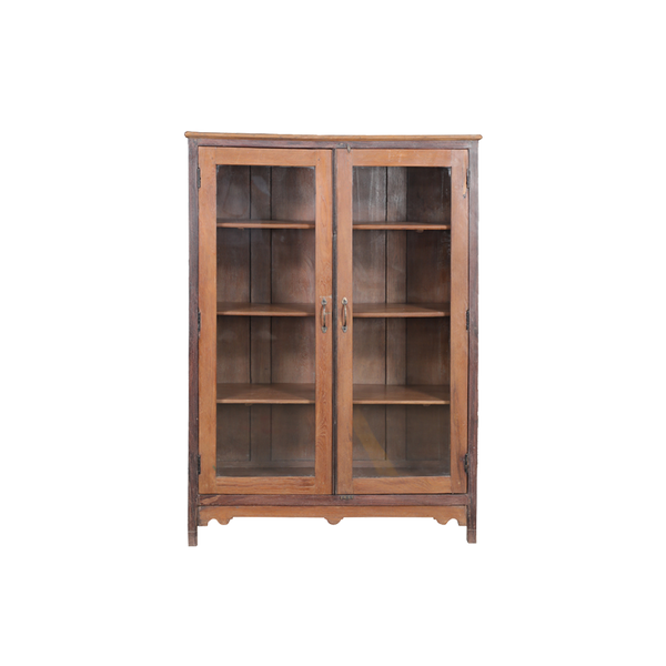 Vitrina de madera de teca con puertas de vidrio y estantes interiores