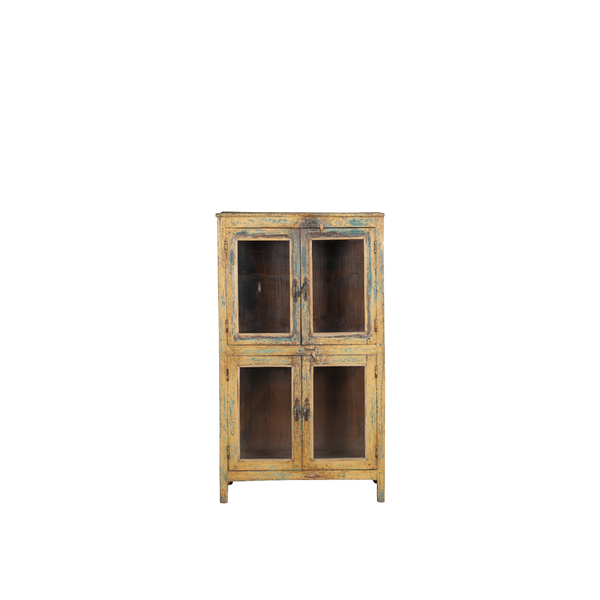Vitrina de madera azul envejecida con 4 puertas de cristal e interior oscuro