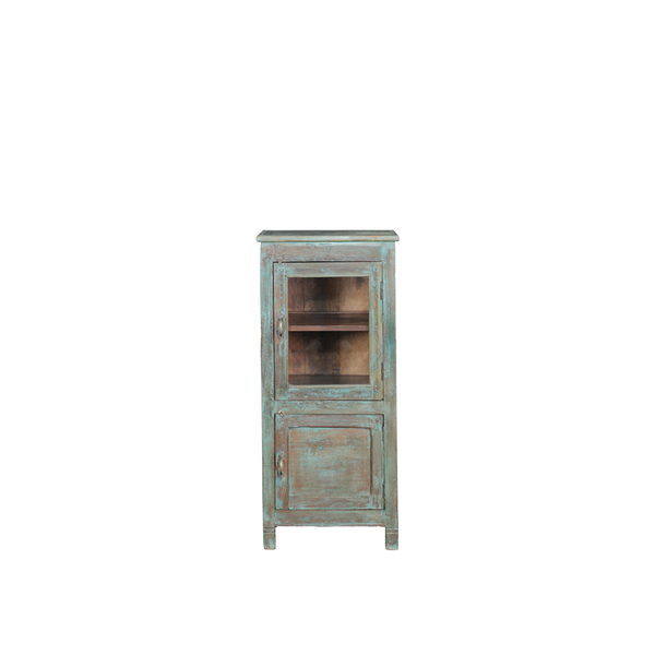 Vitrina de madera con cristal azul envejecido y estantes interiores