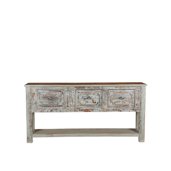 Consola de madera con 3 cajones, acabado envejecido gris y detalles decorativos