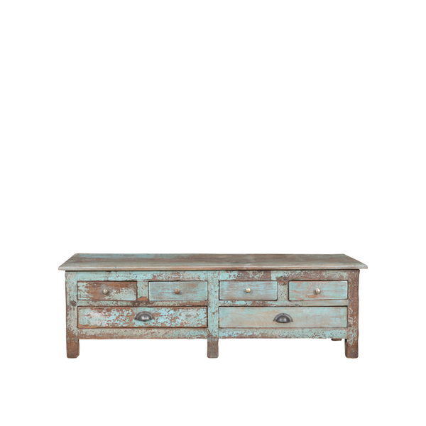 Cómoda de madera teca con 6 cajones color turquesa desgastado y tiradores metálicos