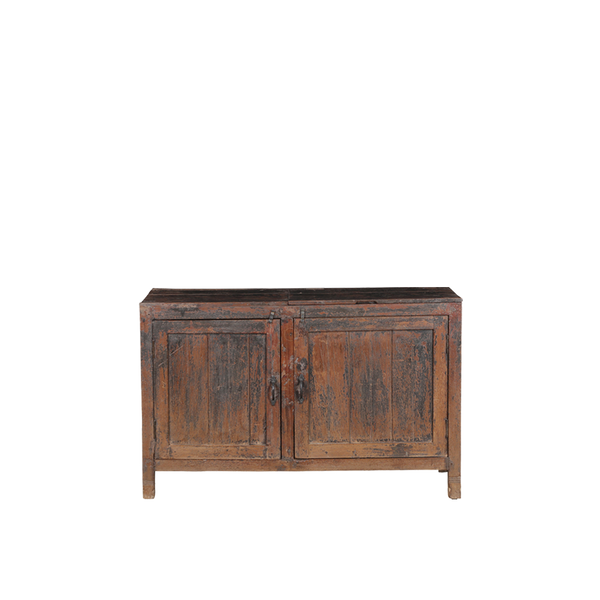 Aparador de madera de teca con dos puertas y patas, acabado oscuro
