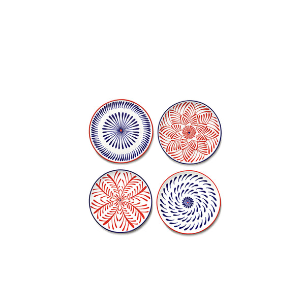 Set de 4 platos desayuno con diseños florales rojo y azul, vista superior