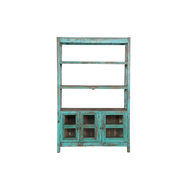 Librería de madera vintage azul decapado con 3 estantes y 2 puertas inferiores