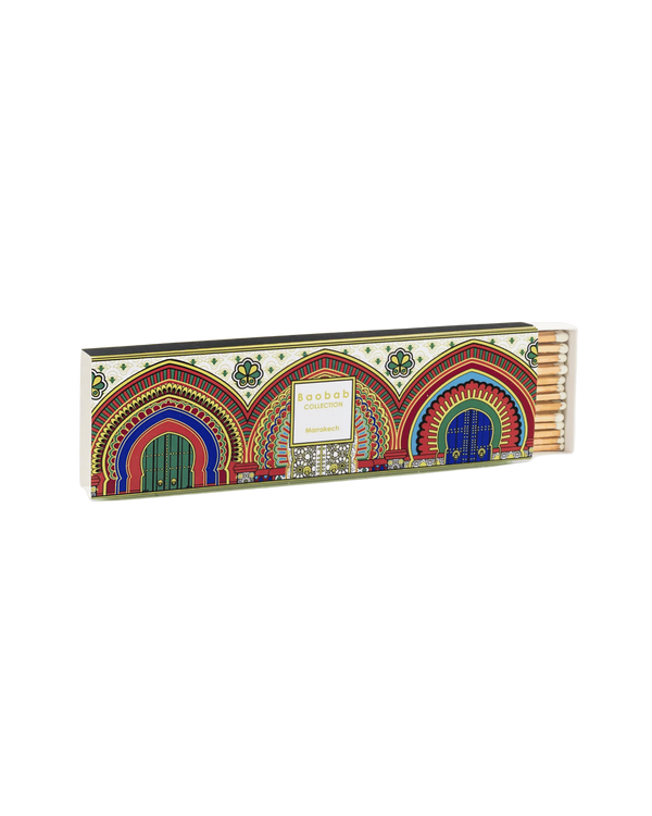 Caja de cerillas Baobab Collection Marrakech con diseño colorido de arcos y puertas