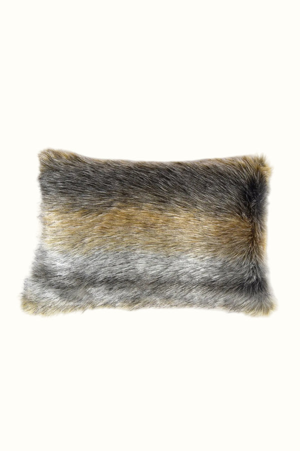 Cojín rectangular de piel sintética gris y beige, con reverso gris oscuro.