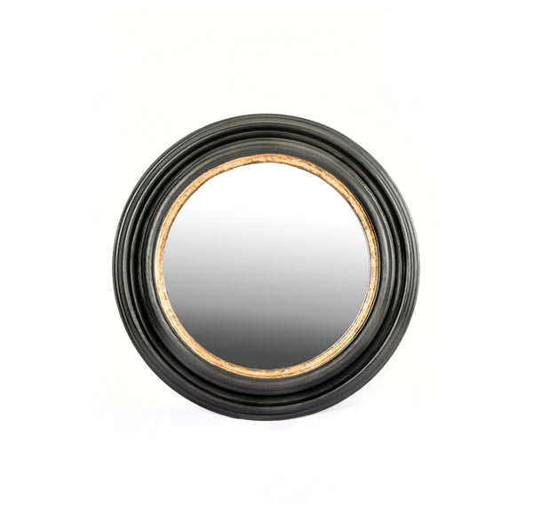 Espejo circular de madera con marco oscuro y borde dorado, Ø88