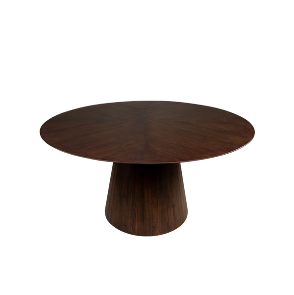 Mesa de comedor redonda de madera oscura, tapa circular y base central cónica