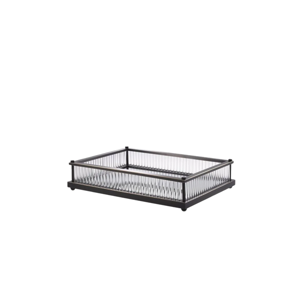 Bandeja Cora de metal con estructura negra y soportes para cilindros plateados