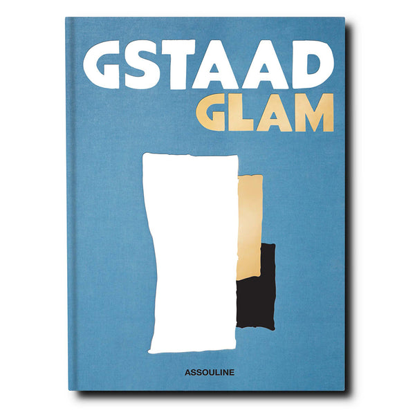 Portada de libro Gstaad Glam azul con tipografía blanca y amarilla y ventana central