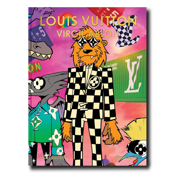 Portada de libro Louis Vuitton con ilustración cartoon de león y texto Virgil Abloh