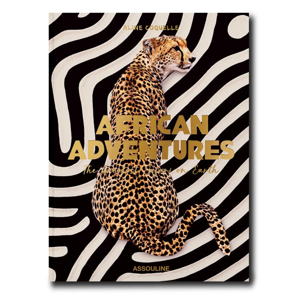 Libro de aventuras africanas con leopardo sobre fondo a rayas blancas y negras