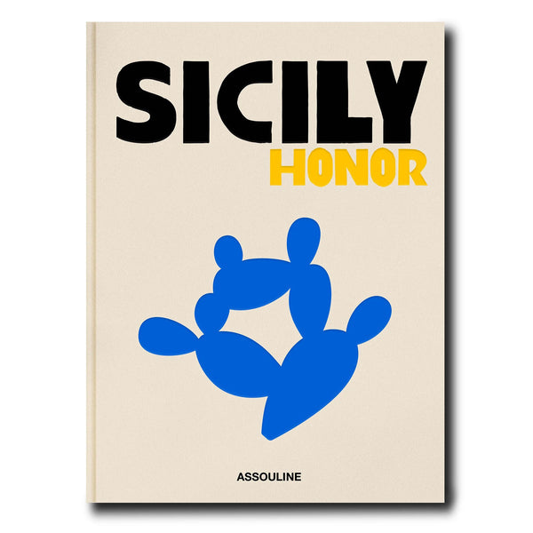 Libro de tapa beige Sicily Honor con título negro, texto amarillo y logo azul ASSOULINE