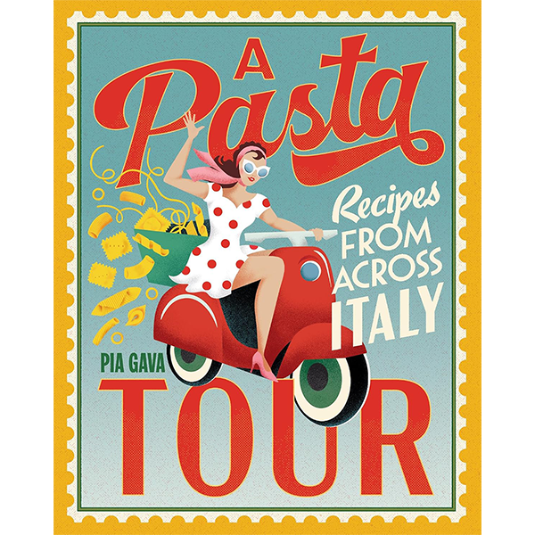 Libro de cocina italiana con portada ilustrada y título grande rojo, estilo retro