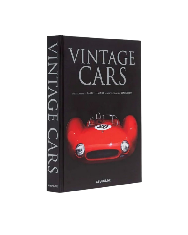 Libro de coches clásicos Assouline en caja, portada negra con auto rojo