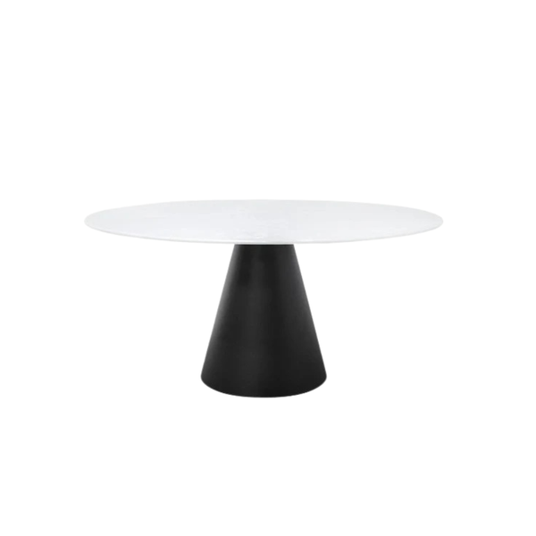 Mesa de comedor redonda con sobre blanco y base cónica negra completa