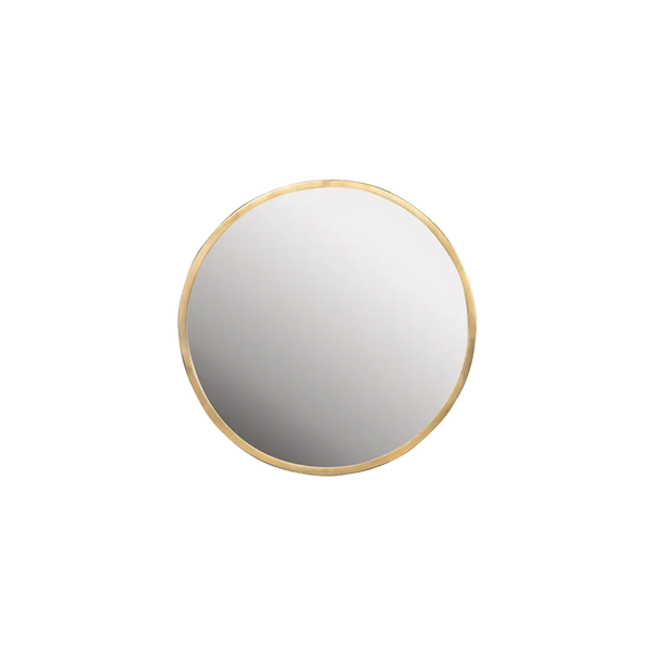 Espejo redondo dorado con marco metálico liso y superficie reflectante
