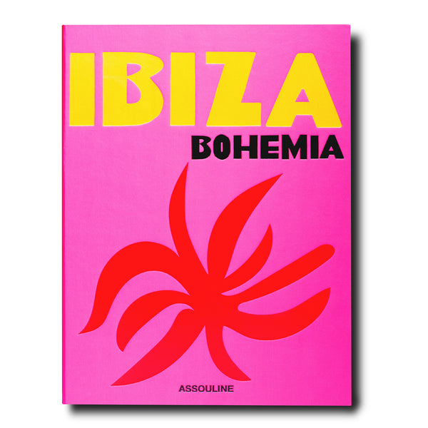Ibiza Bohemia book cover with pink background, yellow title, red flower emblem
