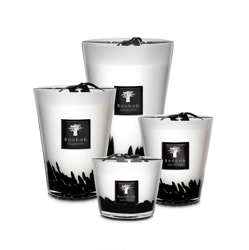 Juego de velas en vasos blancos con diseño negro y etiqueta Baobab Collection