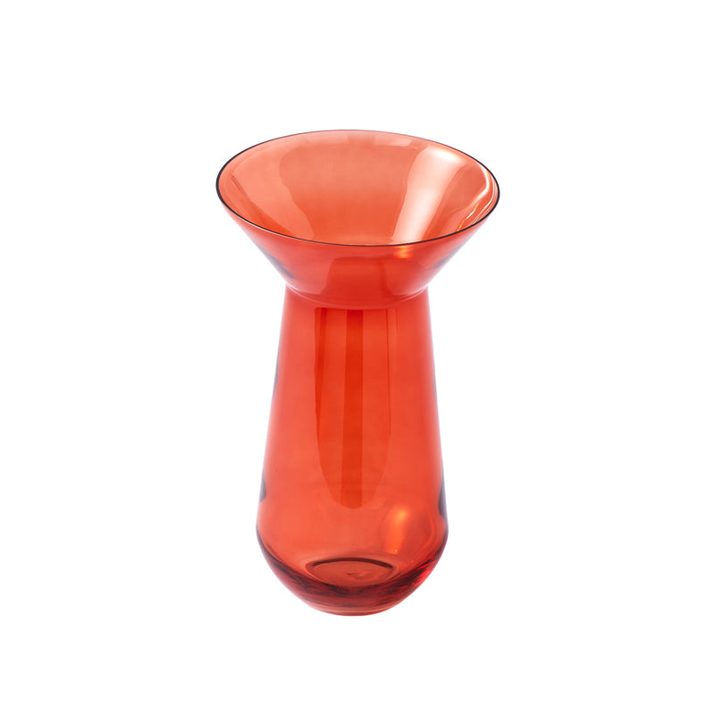 Jarrón de vidrio naranja de cuello largo, forma acampanada, con abertura circular