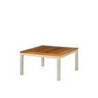 Mesa de centro cuadrada de aluminio y teka con tablero de listones y patas claras
