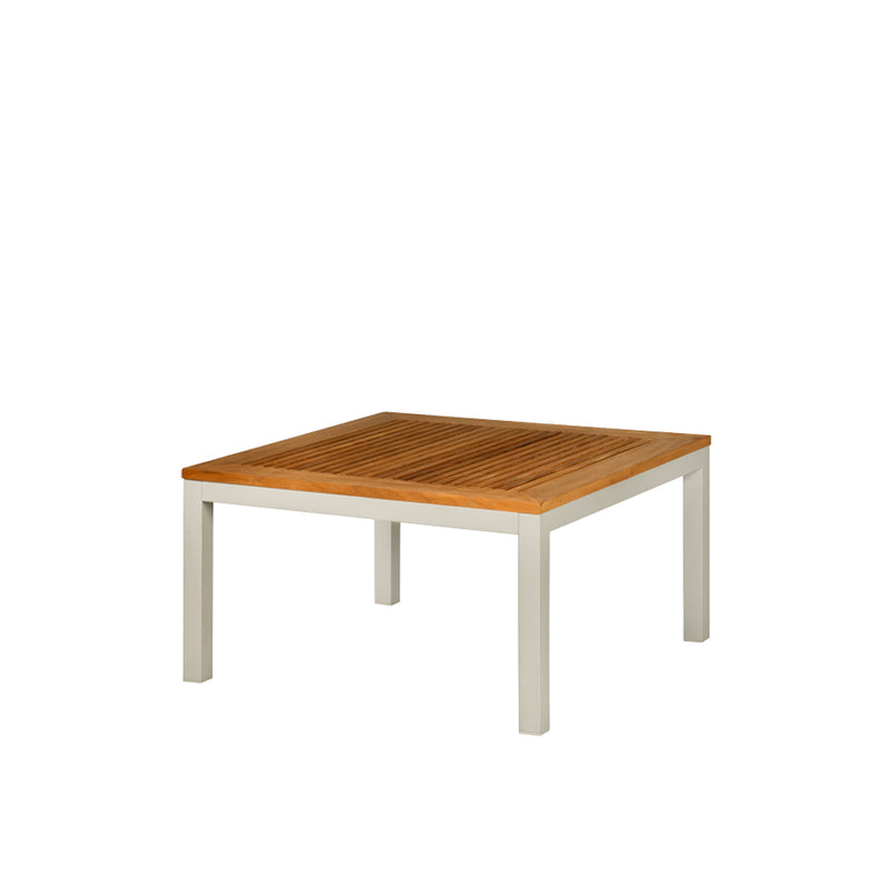 Mesa de centro cuadrada de aluminio y teka con tablero de listones y patas claras