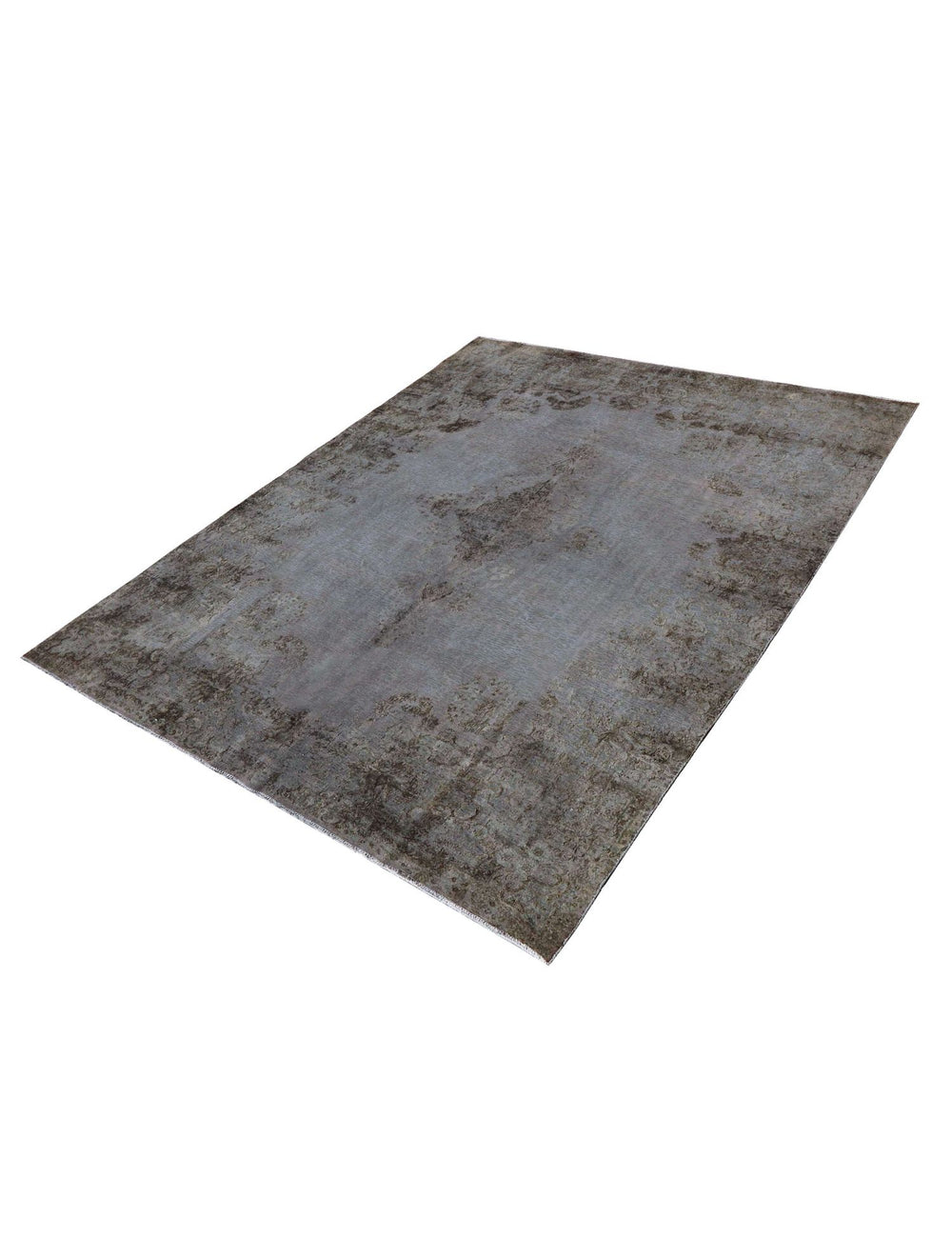 Alfombra vintage persa rectangular gris-azulada con diseño envejecido y textura marcada.