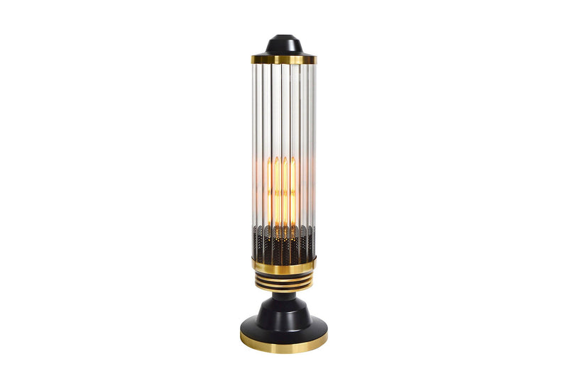 Lámpara de tubo Hyllie con vidrio transparente y base negra con detalles dorados